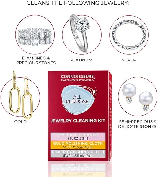 CONNOISSEURS All-Purpose Jewelry Cleaning Kit, Liquid Solution & Silver & Gold Jewelry Polishing Cloths, 8 Ounce