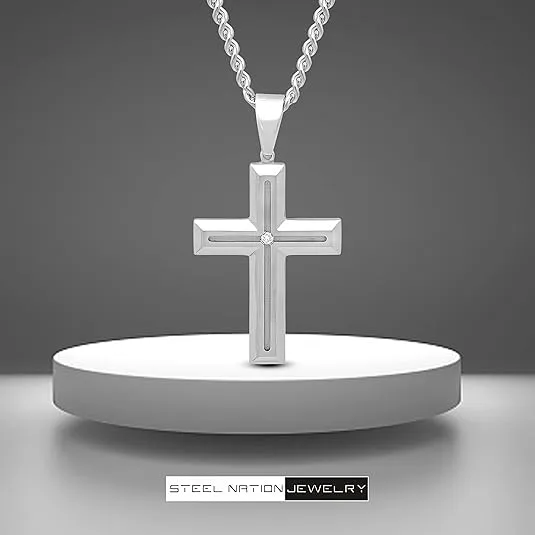 Cross Necklace for Men Stainless Steel, 24 Inch Cuban Link Chain, Durable Mens Necklace, White Cross Chain