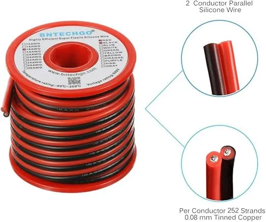 BNTECHGO 16 Gauge Flexible 2 Conductor Parallel Silicone Wire Spool Red Black High Resistant 200 deg C 600V for Single Color LED Strip Extension Cable Cord,Model,25ft Stranded Tinned Copper Wire