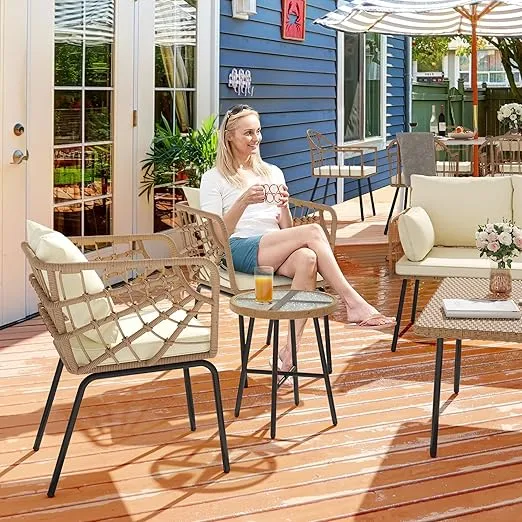 YITAHOME 3 Pieces Outdoor Wicker Patio Conversation Bistro Set, All-Weather Patio Furniture Set with Table & Cushions, Outdoor Sectional Sofa for Patio, Balcony, Backyard, Deck, Beige