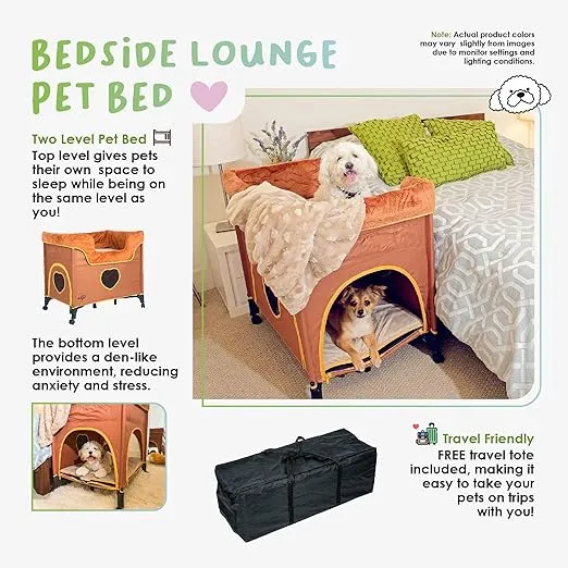 Petique Bedside Lounge Pet Bed, Bunk Bed for Medium Size Pets, Raised Lounge Bed for Cats & Dogs, Lion’s Den Design,Brown, 39.0"L x 22.5"W x 33.5"Th