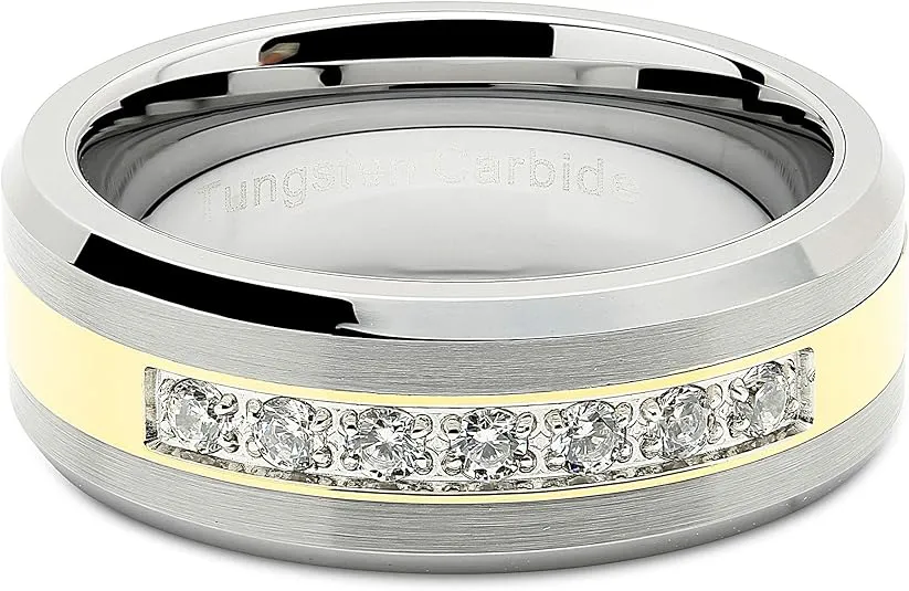 100S JEWELRY Tungsten Rings for Men Women Wedding Band Two Tone Gold Silver Cz Inlay Size 6-16