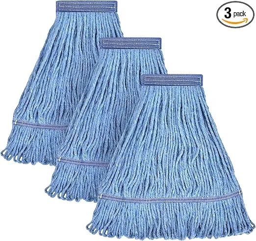 MATTHEW CLEANING Heavy Duty Mop Head Commercial Replacement for General and Floor Cleaning , Wet Industrial Blue Cotton Looped End String Head Refill (Pack of 3) Blue