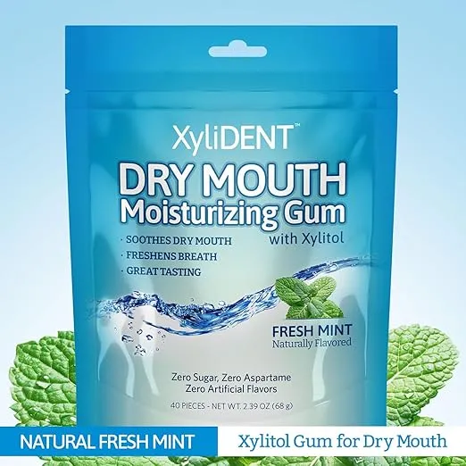 XyliDENT Dry Mouth Gum for Dry Mouth Relief with Monk Fruit, Xylitol, Stevia - Stimulates Saliva, Freshens Breath, Fast Acting Relief, Sugar Free, Aspartame Free, Natural, 40 Count (Fresh Mint)