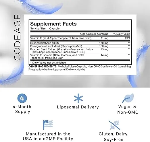 Codeage Liposomal DIM Supplement - 4 Months Supply of DIM Vitamins and SGS, Pomegranate, Broccoli, Vitamin E Isomers Tocopherols Alpha Beta Gamma Delta - Liposomal Formula - Gluten-Free - 120 Capsules