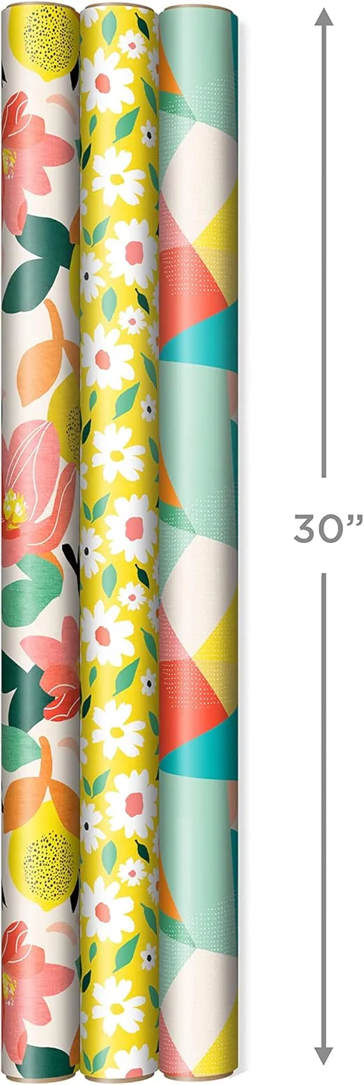 Hallmark Reversible Spring Wrapping Paper (3 Rolls: 75 Sq. Ft. Ttl) Floral, Lemons, Bright Abstract for Easter, Birthdays, Mother's Day, Bridal Showers, Baby Showers