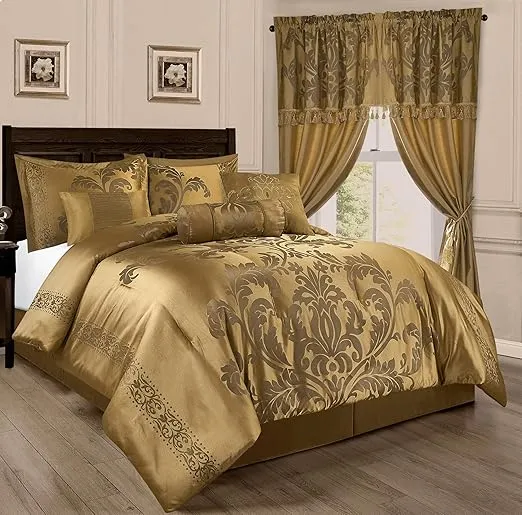 Chezmoi Collection 7-Piece Jacquard Floral Comforter Set (King, Gold)