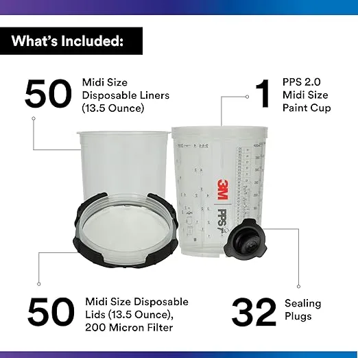 3M PPS 2.0 Spray Gun Cup, Lids and Liners Kit, 26112, Midi, 13.5 Ounces, 200-Micron Filter, Use for Cars, Furniture, House and More, 1 Paint Cup, 50 Disposable Lids and Liners, 32 Sealing Plugs