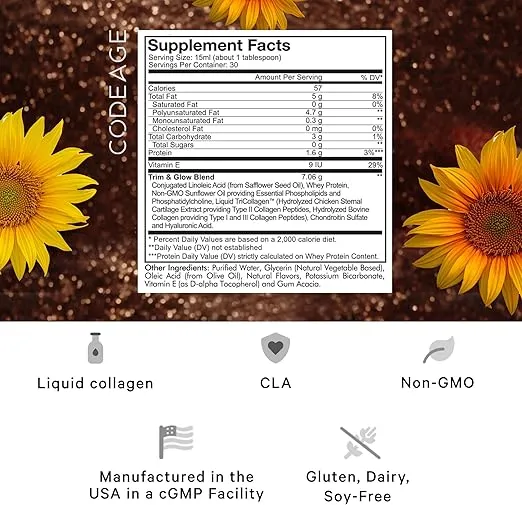 Codeage Liquid Collagen Supplement Chocolate Flavor, Beauty Trim & Glow Liposomal Collagen Peptides, CLA Conjugated Linoleic Acid, Hyaluronic Acid, Vitamin E, Hydrolyzed, Non-GMO, 15.22 fl oz