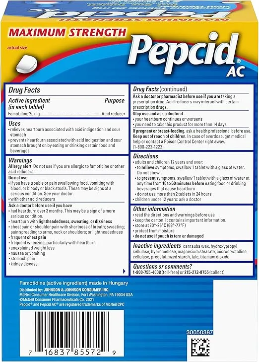 Pepcid AC Maximum Strength Heartburn Relief Tablets, Fast-Acting, Prevents & Relieves Heartburn Due to Acid Indigestion & Sour Stomach, 20mg of Famotidine Acid Reducer, 50 ct, (50 x 1 ct)
