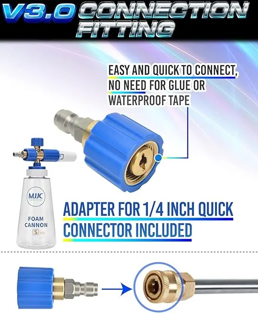 MJJC Foam Cannon S V3.0 (Thicker Snow Foam Technology) with 1/4 Inch Quick Connector for Pressure Washer, 34 oz Bottle (V3.0 (1/4" Quick Connector) + SOAP Sample)