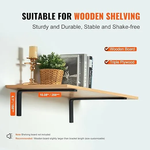 VEVOR Shelf Bracket, Heavy Duty Floating Shelf Brackets 10 x 6 in, 4 Pcs Brackets for Shelves, 5mm Thick Matte Black L Shelf Bracket, Steel Shelving Brackets with 160 lbs Load Capacity