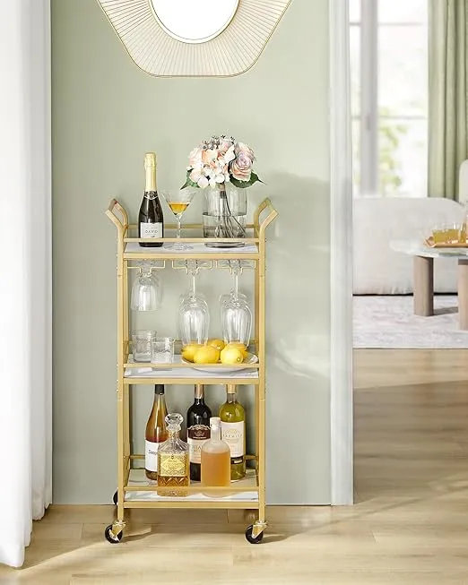 VASAGLE Bar Cart, Home Bar Serving Cart, Small Bar Cart with 3-Tier Shelf, Wine Holders, Glass Holders, Mini Bar Cart for Small Spaces, Kitchen, Dining Room, Living Room, Pale Gold