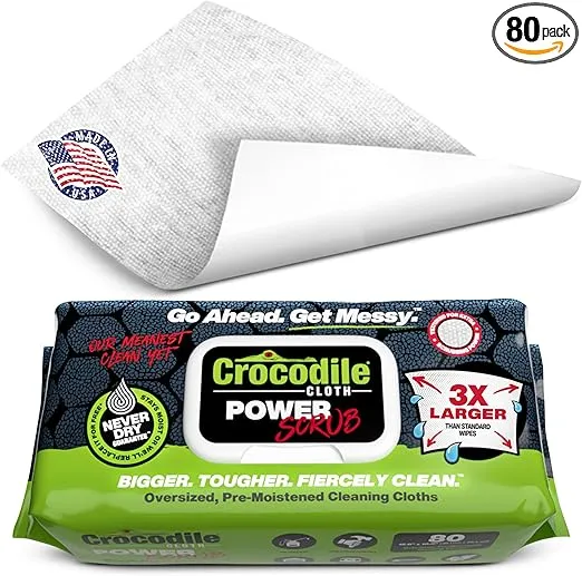 Crocodile Cloth PowerScrub - 80 Dual Surfaced Cloths, 10in X 15in. Large, Moist, Absorbent and Disposable Cleaning Cloths. Safe on Skin and Multiple Surfaces. (6500-080)