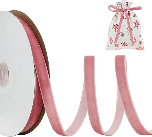 TONIFUL Pink Velvet Ribbon 3/8 Inch x 25yds, Vintage Velvet Ribbons, for Christmas Wreath Decoration Handmade Craft Ornaments Gift Wrapping & Bow Making, Valentine's Day Wedding Bouquet Packaging