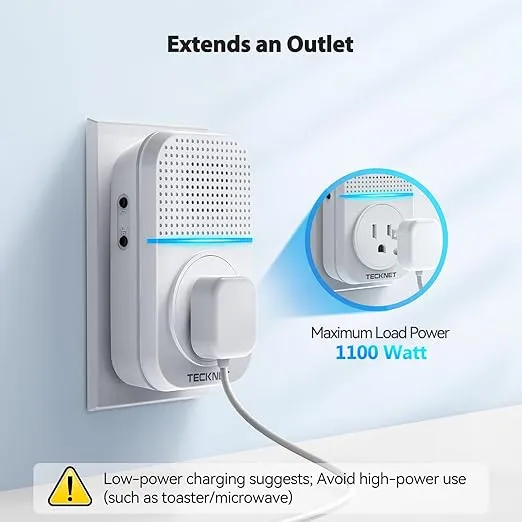 TECKNET Wireless Doorbell, Self-Powered Doorbell, 0-110db Plug-through Wireless Doorbell Ringer for Homes Classroom, IP66 Waterproof 1300ft Door Chime with Extra Socket, 60 Chimes, LED Light (White)