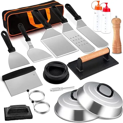 18Pcs Griddle Accessories Kit, Joyfair Stainless Steel Flat Top Grilling Spatula Accessory Tools Set with Basting Cover Burger Press, for Outdoor BBQ Teppanyaki Hibachi Cooking (PP Plastic Handles)