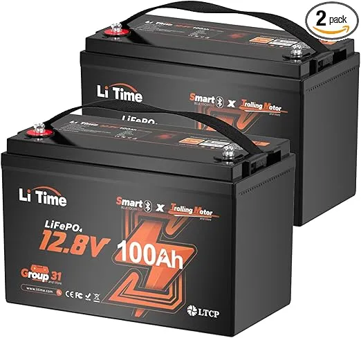 LiTime 2 Pack 12V 100Ah Trolling Motors Lithium Battery, Group 31 Bluetooth LiFePO4 Battery | Low-Temp Protection | 100A BMS | Bluetooth 5.0 | Perfect for Marine, Boat, RV, Home Energy Storage
