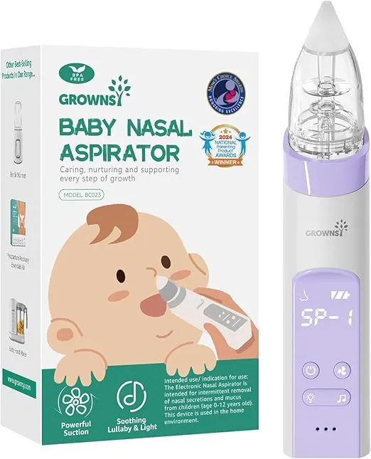 GROWNSY Nasal Aspirator for Baby, Electric Baby Nose Sucker, Automatic Nose Cleaner with Larger Suction Chamber and More Powerful Suction, Music and Light Soothing Function, Purple