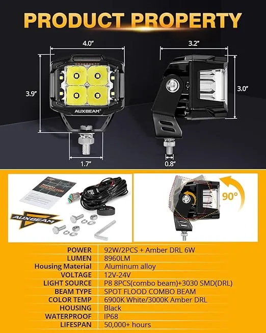 Auxbeam 4in 92W LED Cube Pod with Side Shooter, V-MAX Series Amber DRL LED Pod Super Bright Square Offroad LED Cube Light Offroad Square Pod Light 270°Combo Beam Auxiliary Light for Truck Jeep ATV