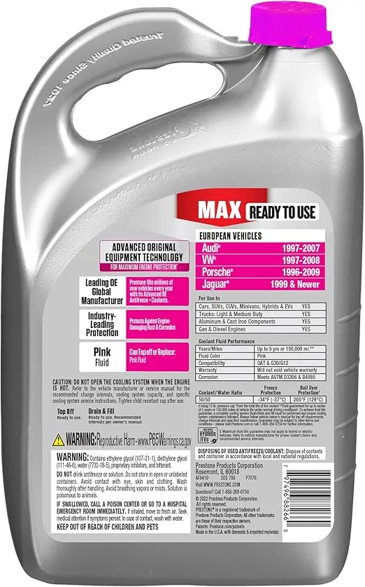Prestone MAX Euro Pink 50/50 Antifreeze Automotive Coolant, Pack of One