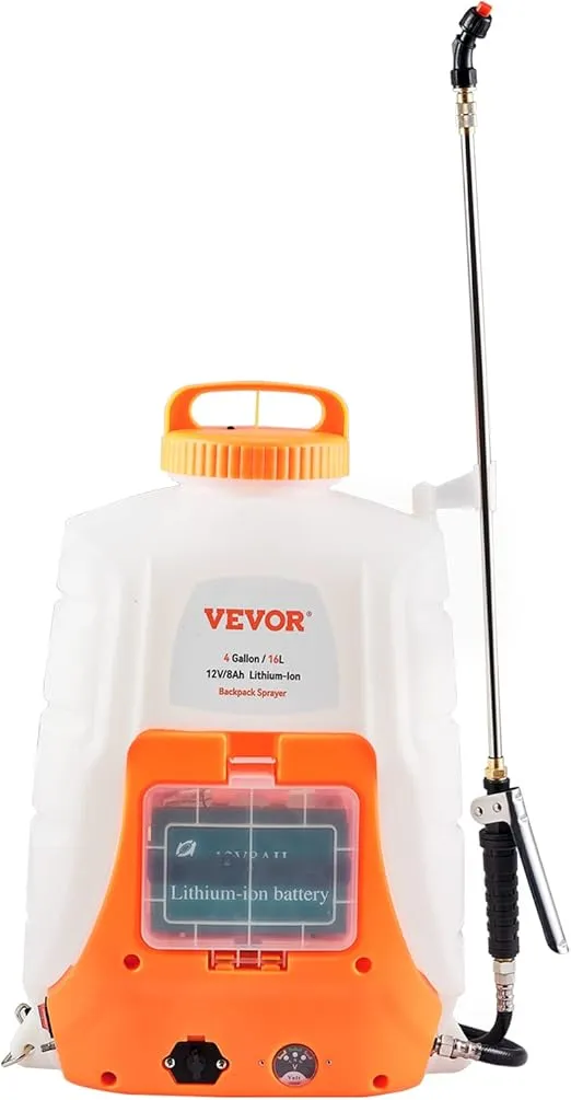 VEVOR Battery Powered Backpack Sprayer, 0-90 PSI Adjustable Pressure, 4 Gallon Tank, Back Pack Sprayer with 8 Nozzles and 2 Wands, 12V 8Ah Battery, Wide Mouth Lid for Weeding, Spraying, Cleaning