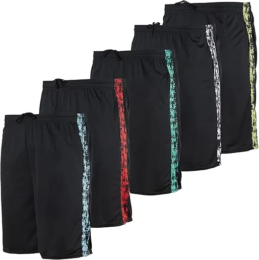 Real Essentials Boys' 5-Pack Mesh Active Athletic Performance Basketball Shorts with Pockets
