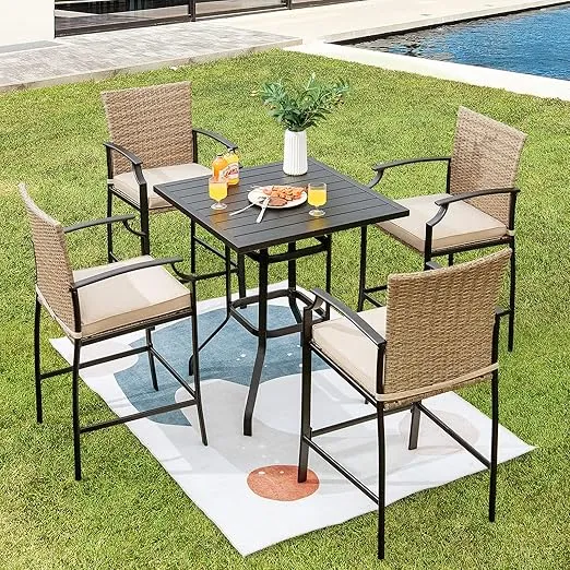 Tangkula 5 Pieces Outdoor Patio Bar Set, Rattan Bistro Set W/ 4 Wicker Bar Stools & 1 Bar Table, Heavy-Duty Steel Frame, Soft Cushions, Patio Conversation Set for Courtyard, Poolside, Garden (Beige)