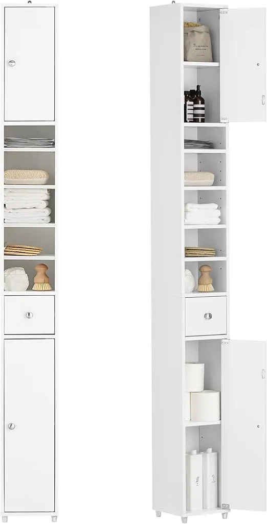 Haotian Bathroom Tall Cabinet with 1 Drawer, 2 Doors and Adjustable Shelves, Slender Extra Storage Cabinet, Anti-Tipping Floor Tall Cabinet Cupboard, White BZR34-W, 7.9" D x 7.9" W x 70.9" H