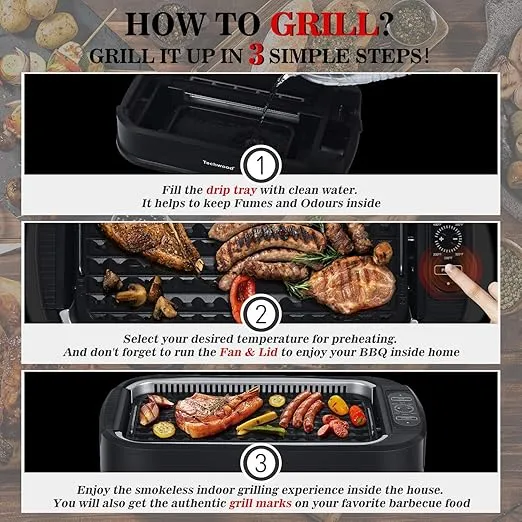 Indoor Grill, Techwood 1500W Smokeless Electric Grill with Non-Stick Grill Plates, Korean Grill with Temperature Control, Tempered Glass Lid