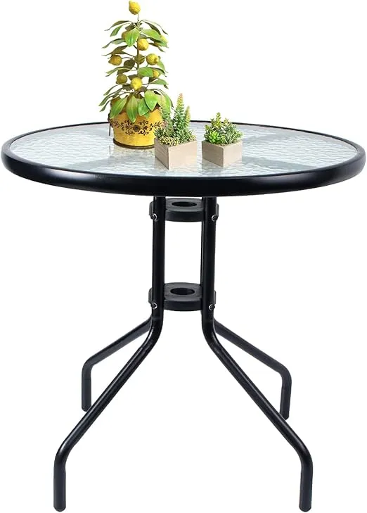 Vipush 24" Outdoor Bistro Table Round Patio Side Table Dining Table with Glass Table Top Metal Coffee Table for Lawn Garden Pool Steel Frame Commercial Party Table Black