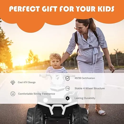 Costzon Kids ATV, 12V Battery Powered Electric Vehicle w/LED Lights, High & Low Speed, Horn, Music, USB, Treaded Tires, Ride on Car 4 Wheeler Quad for Boys & Girls Gift, Ride on ATV (White)