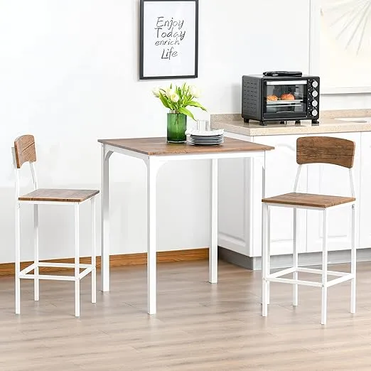 HOMCOM 3 Piece Counter Height Bar Table and Chairs Set, Industrial Small Dining Table Set for 2, Square Kitchen Table and Stools with Steel Frame, Walnut and White