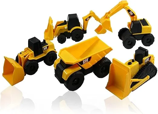 Caterpillar CAT Mini Machine Construction Truck Toy Cars Set of 5, Dump Truck, Bulldozer, Wheel Loader, Excavator and Backhoe Free-Wheeling Vehicles w/Moving Parts -Great Cake Toppers