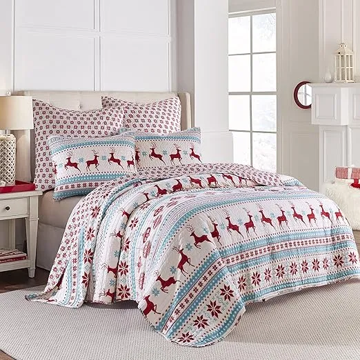 Levtex Home - Silent Night Quilt Set - King/Cal King Holiday Quilt and Two King Pillow Sham 20x36 - Christmas Fair Isle Deer - Red, Teal, White - Reversible - Poly