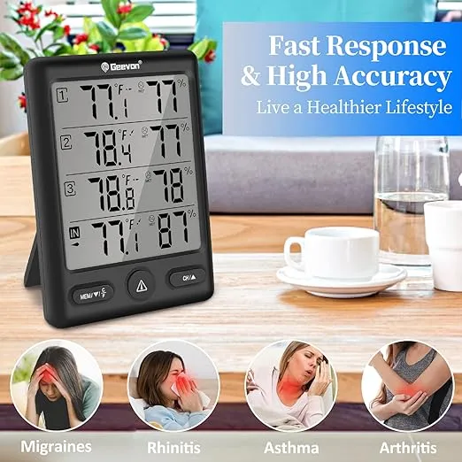 Geevon Indoor Outdoor Thermometer Wireless with 3 Remote Sensors, Digital Hygrometer Thermometer, Wireless Temperature Humidity Monitor Gauge with 200FT/60M Range (Black)
