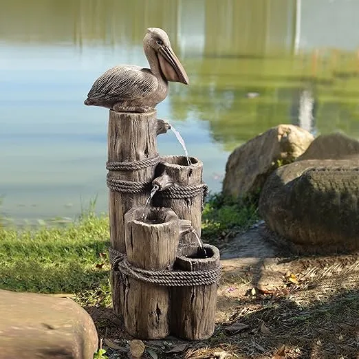 Teamson Home Nautical 3 Tiered Floor Waterfall Fountain with Pelican and Wooden Post, Pump for Outdoor Patio Garden Backyard Decking, 35 Inch Height, Brown