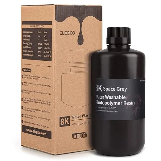 ELEGOO 8K Water Washable 3D Printer Resin 405nm LCD UV-Curing Photopolymer Resin Best for 8K/12K/14K Saturn MSLA DLP LCD 3D Printing 1000Gram Space Grey