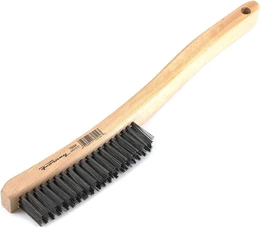 Forney 70504 Wire Scratch Brush, Carbon Steel with Curved Wood Handle, 13-3/4-Inch-by-.014-Inch