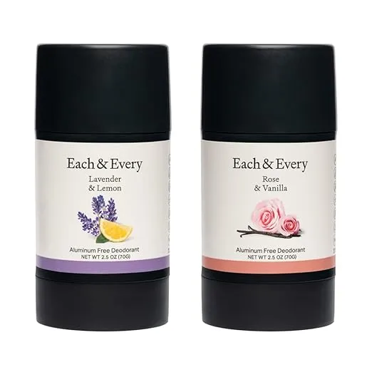 Each & Every Natural Deodorant for Men & Women - Aluminum- Free, Sensitive Skin, Plant-Based, Baking Soda-Free, 24 Hr Odor Control - Lavender & Lemon + Rose & Vanilla Travel Size Multipack, 2.5oz