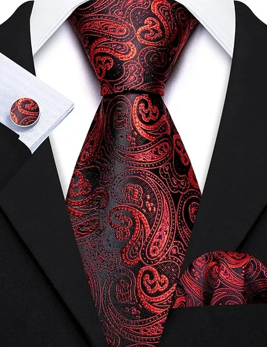 Barry.Wang Men Ties Paisley Woven Silk Necktie Set with Pocket Suqare Cufflinks Formal