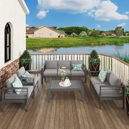 Solaste Aluminum Patio Furniture Set,7 Seats Modern Outdoor Conversation Set Sectional Sofa with Upgrade Cushion and Coffee Table,Grey
