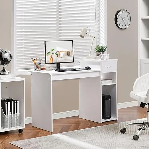 Yaheetech Home Office Computer Desk & Chair Set, 44 Inch Computer Desk with Drawer & Mesh Ergonomic Height Adjustable Office Chair, White & Black