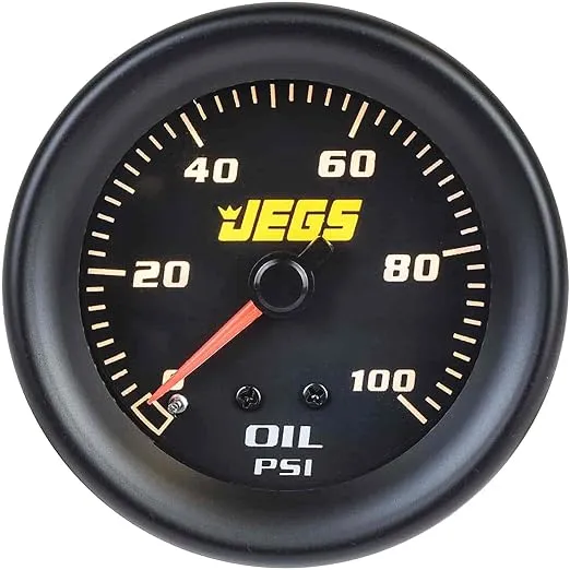 JEGS Oil Pressure Gauge | 2-1/16” Diameter | Mechanical | 0-100 PSI | Black Face | Includes 1/8” NPT & 1/4” NPT Adapter Fittings, 6 ft. Nylon Tube, & Chrome, Silver, and Black Bezels