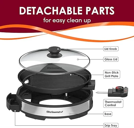 Elite Gourmet EMG6505G 12" Smokeless Indoor Electric BBQ Grill with Glass Lid Dishwasher Safe, Nonstick, Adjustable Temperature, Fast Heat Up, Low-Fat Meals Easy to Clean Design