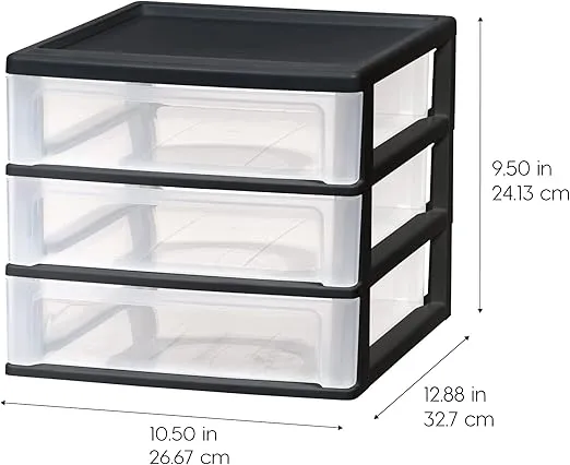 IRIS USA Plastic Stacking Desk Top 3-Drawer Storage Organizer, 2-Pack, for Makep Vanity Nail Polish Bathroom Stationery Art Craft Supplies Kitchen Office Garage and Small Organization, Medium, Black