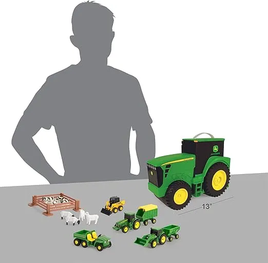 John Deere Value Set and Carrying Case - Portable Tractor-Shaped Carrying Case with 10 Compartments - Farm Toys - 18 Count - 3 Years and Up,Black/ Green/ Yellow