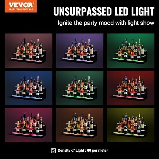 VEVOR LED Lighted Liquor Bottle Display, 3 Tiers 30 Inches, Supports USB, Illuminated Home Bar Shelf with RF Remote & App Control 7 Static Colors 1-4 H Timing, Acrylic Lighted Shelf for 24 Bottles
