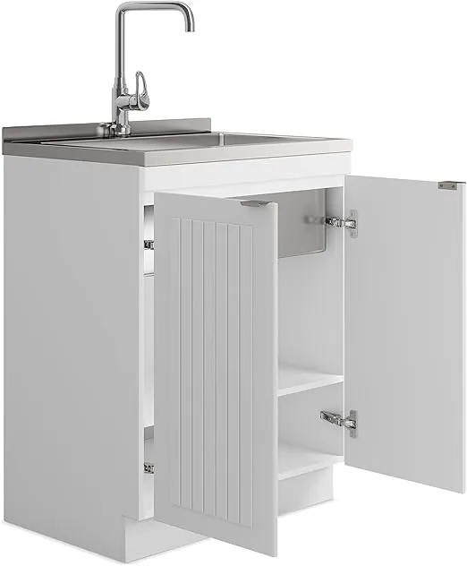 SIMPLIHOME Murphy Transitional 28 Inch Laundry Cabinet with Faucet and Stainless Steel Sink in White, For the Laundry Room and Utility Room