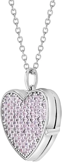 925 Sterling Silver 16" Personalized Pink Cubic Zirconia Heart Photo Locket Necklace - Shiny Heart Shape Pendant Locket Necklaces for Children & Preteens - Fashionable Pave Set CZ Jewelries for Girls
